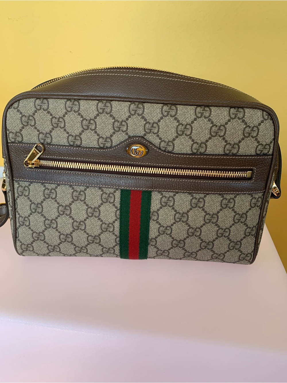 Gucci Beige/Brown GG Supreme Canvas Toiletry Pouch with Green-Red Web
